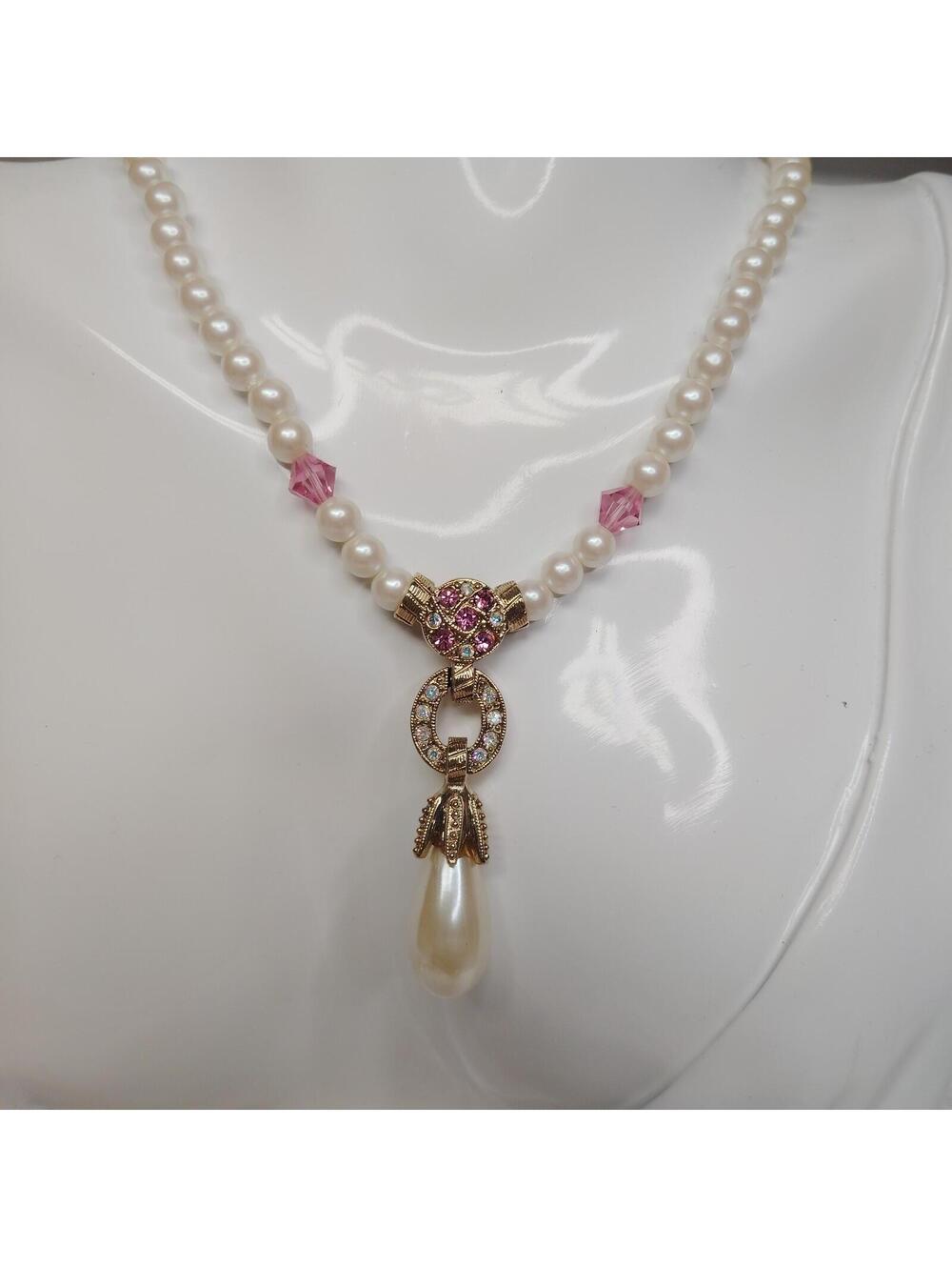 Vintage 1928 Faux Pearl Necklace Gold Tone AB Pink Victorian Revival